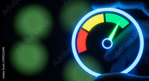 A hand adjusting a glowing speedometer or gauge with a green needle in the optimal zone.