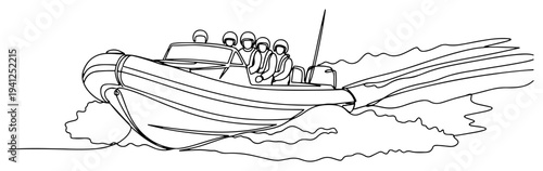 Continuous line drawing of a military special forces team in a rigid inflatable boat moving fast through waves