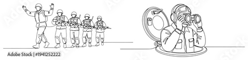 One line drawing showing soldiers with a prisoner and a tank commander using binoculars
