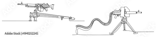 One line art illustration of heavy machine guns and automatic weaponry on tripod and swivel mounts