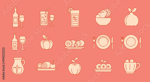 Food Drink Icons on Coral Background