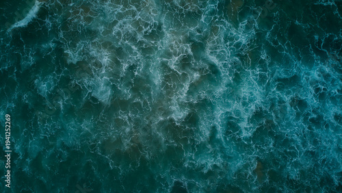 Canvas Print Aerial Top View of Turquoise Ocean Waves, Abstract Sea Foam Texture and Dynamic