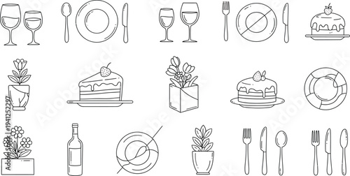 Restaurant Icons Set with Food, Drink, and Tableware