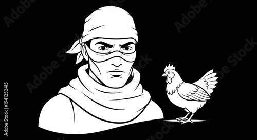 Ninja Bandit Masked Man with Chicken, Funny Contrast, Black and White Illustration