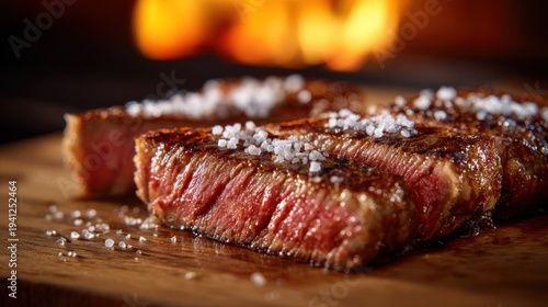 Wallpaper Mural Juicy medium-rare beef steak slices seasoned with coarse sea salt sit on a wooden cutting board against a warm background of flickering grill flames. Torontodigital.ca