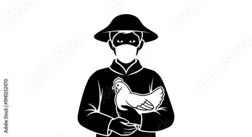Person in Traditional Asian Hat and Mask Holding Chicken, Black and White Illustration