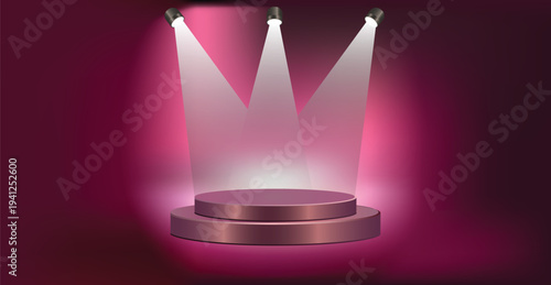 Purple stage podium with spotlights glowing platform background for award ceremony product showcase and performance presentation design