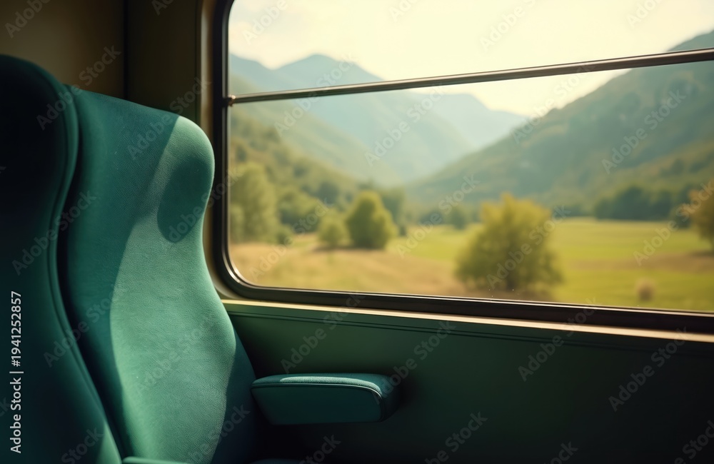 Fototapeta premium Empty green train faces window with view of rolling hills and meadows. Scenic journey through countryside offers peaceful travel. Sunlit landscape from rail car evokes calm.