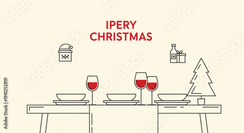 Christmas Table Setting with Wine Glasses and Tree