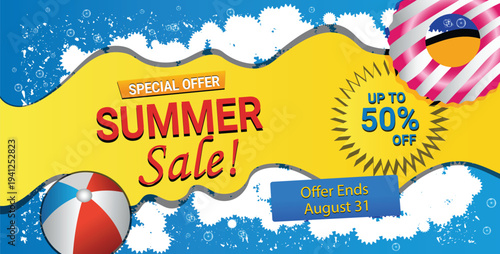 Summer sale promotional banner with beach ball and discount badge seasonal marketing advertisement design up to fifty percent off offer