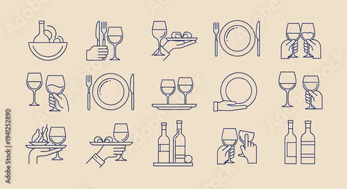 Restaurant Icons Set with Wine Glasses and Plates on Beige Background