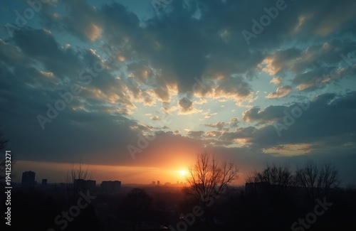 City skyline silhouette at sunset. Sun glows on horizon with dramatic clouds. Bare trees frame urban landscape view. Evening light over buildings.