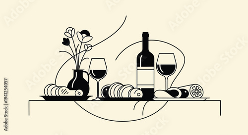 Wine Bottle Glasses Flowers Towels on Table