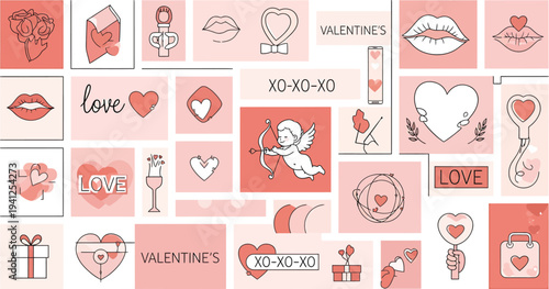 Valentines Day Collage with Hearts, Lips, Love Words and and Gifts