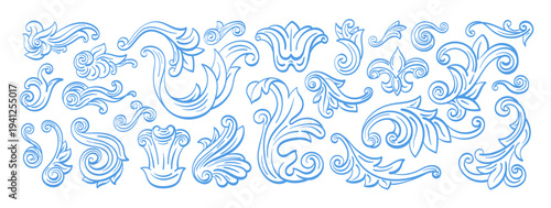 Elegant baroque ornament hand drawn set with vintage floral filigree and ornate Victorian swirls, perfect decorative border element for classic design projects and royal backdrop. Vector collection