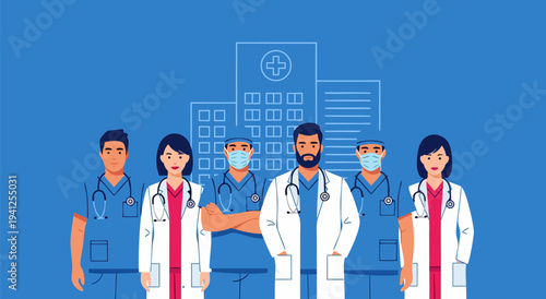 Professional healthcare medical doctors illustration vector art with hospital building background