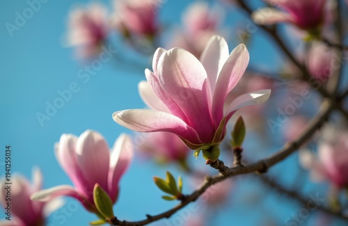 Pink magnolia flower opens its petals against blue sky. Delicate blossom on tree branch in spring season. Nature beauty in daylight outdoors.