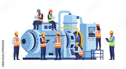 Industrial machinery maintenance vector illustration of skilled engineers working together on a large complex system, teamwork concept