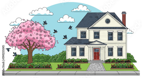 Charming suburban house with a blooming cherry blossom tree and birds flying in a cloudy sky, vector illustration
