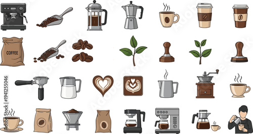 coffee barista equipment set vector