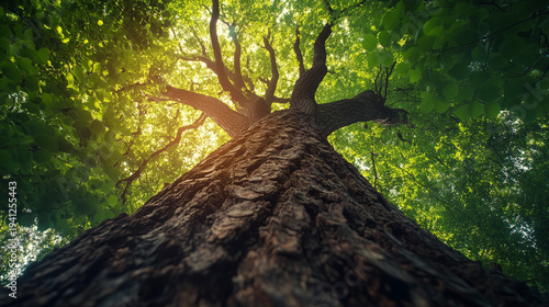 Forest tree. View of a tree crown from below in a green forest