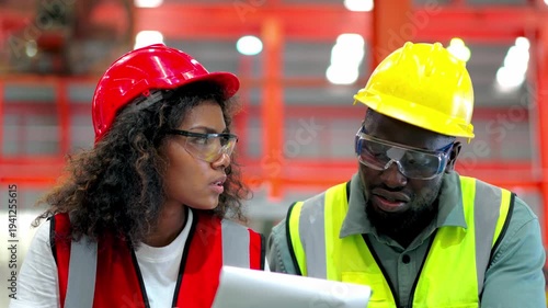 Workers are on a production line in a factory. Engineers in work gear are reviewing documents in an industrial plant.