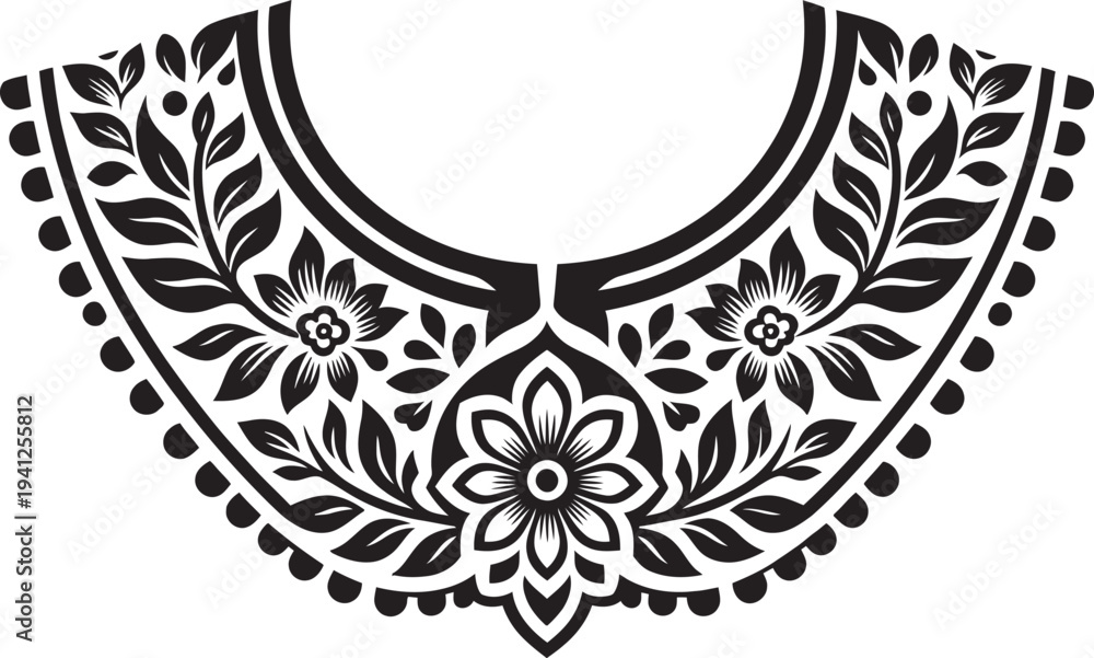 Obraz premium Elegant black and white floral embroidery neckline design with intricate leaf patterns for apparel and fashion.