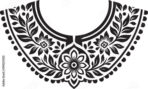 Elegant black and white floral embroidery neckline design with intricate leaf patterns for apparel and fashion.