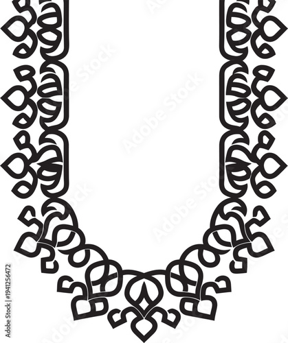 Elegant black and white ornamental neckline vector design for embroidery, printing, and textile garment apparel.