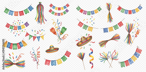 Watercolor collection of colorful Mexican fiesta decorations, including papel picado, sombreros, and festive ribbons, perfect for celebrations.