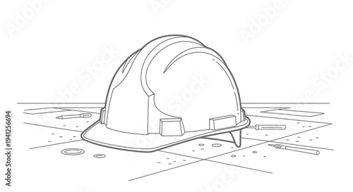 Construction Hard Hat on Blueprint Plans with Pencils, Line Art