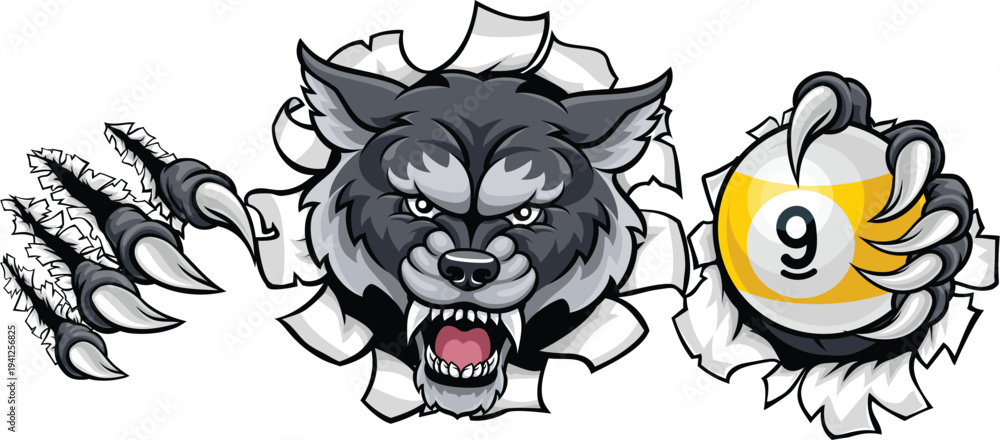 Obraz premium Wolf nine ball pool billiards sports mascot holding a 9 ball cartoon illustration