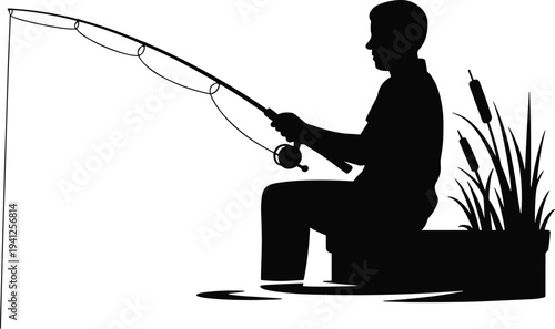 Fishing silhouette illustration, peaceful outdoor activity design, lake dock scene, nature graphic, flat vector