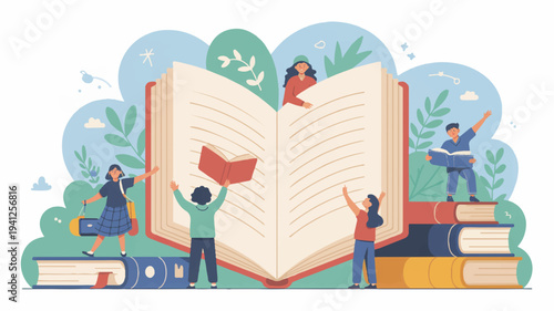 People reading and learning from a giant open book in a garden with educational growth