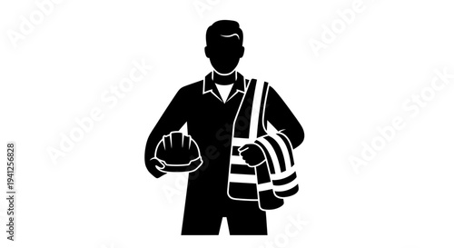 Construction Worker Silhouette Holding Hard Hat and Safety Vest