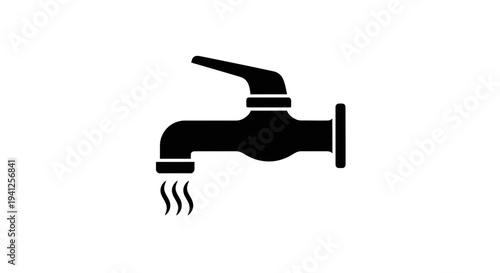 Hot Water Tap Icon with Steam, Plumbing Symbol, Flowing Water, Isolated Black and White
