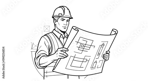 Construction worker in hard hat reviewing blueprints, engineering plans, planning project