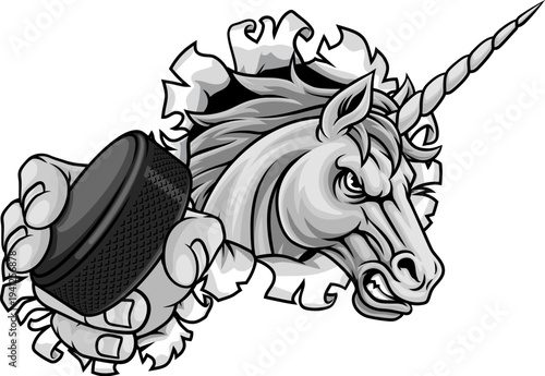 Unicorn horse stallion ice hockey angry sports team mascot holding a puck.