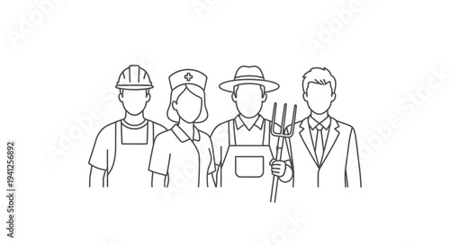 Diverse professions line art illustration - teamwork and unity