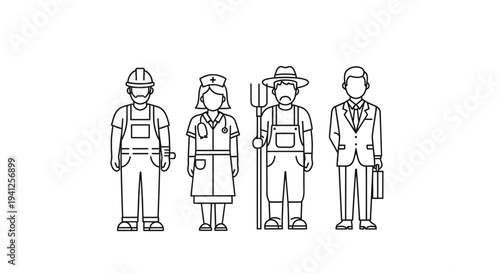 Diverse Professions Icon Set: Worker, Nurse, Farmer, Businessman Line Art
