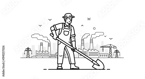 Farmer digging in industrial landscape with factories and smoke stacks