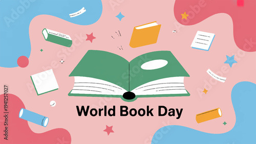 World book day celebration with colorful books and stationery on pink background