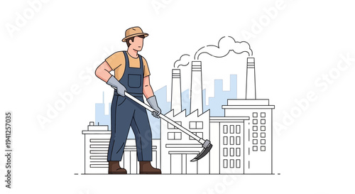 Farmer working with hoe in front of industrial factory buildings