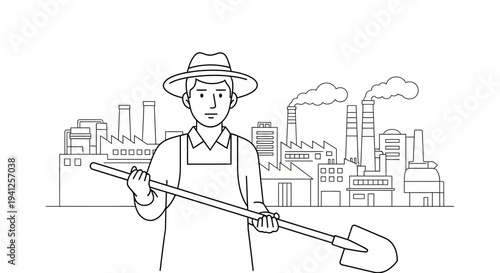 Farmer with Shovel in Front of Industrial Factory Landscape