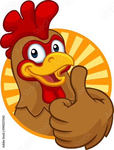 A chicken cartoon rooster cockerel character mascot giving a thumbs up.