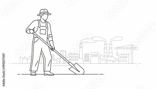 Farmer with shovel and industrial factory background, line art illustration