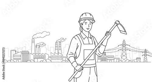 Female Construction Worker Holding Hoe with Industrial Cityscape Background