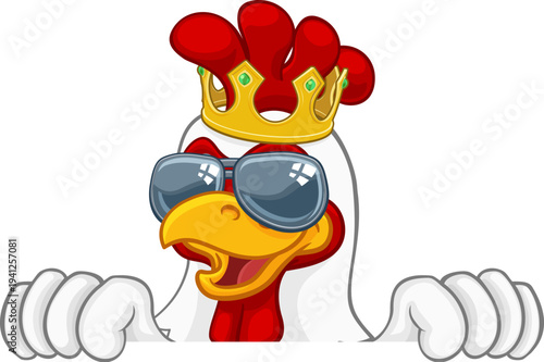 A chicken rooster cockerel bird cartoon character in a kings gold crown and cool shades or sunglasses peeking over a sign