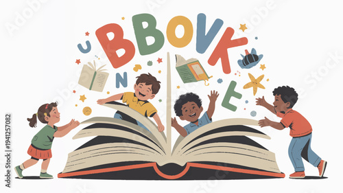 Diverse children excitedly interacting with a large open book surrounded by floating letters and symbols conveying joy and learning