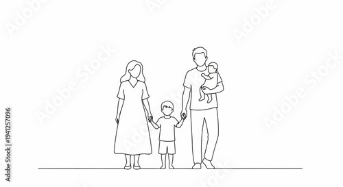 Happy Family Standing Together White Background Line Art Illustration